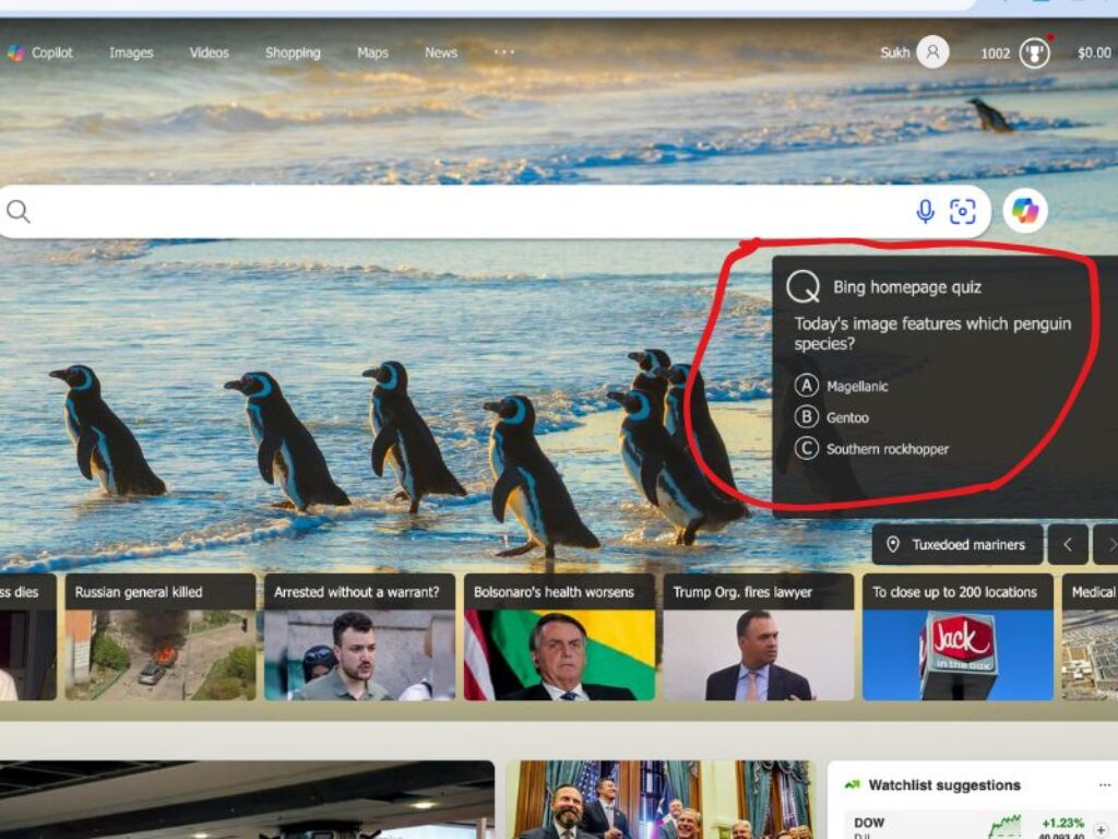 Bing Homepage Quiz question